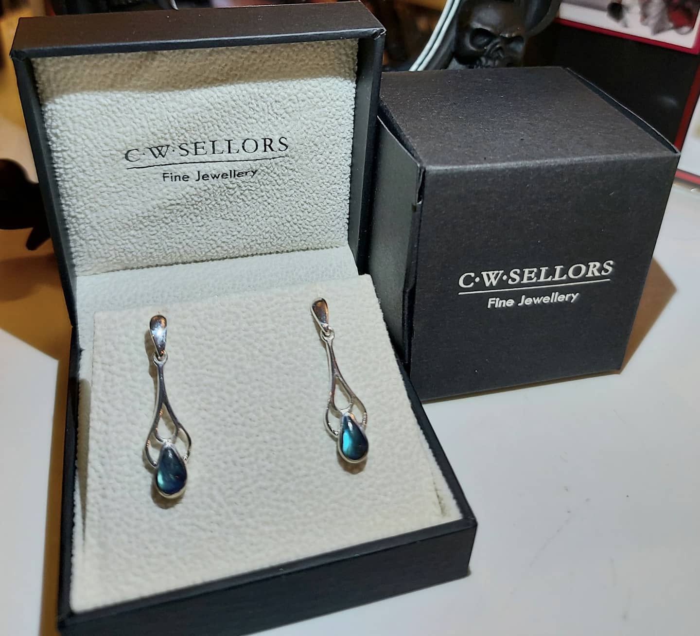 STERLING SILVER SPECTROLITE PEAR SPOON EARRINGS