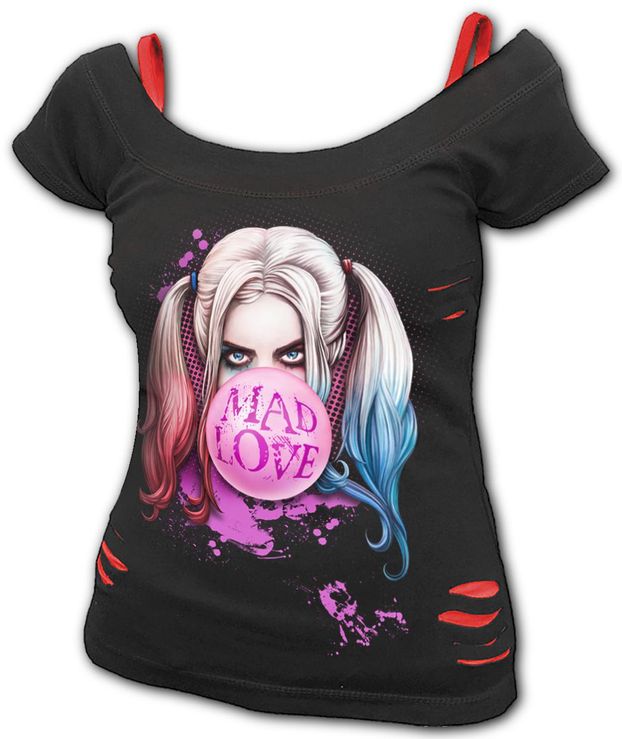 HARLEY QUINN - MAD LOVE - 2in1 Red Ripped Top Black