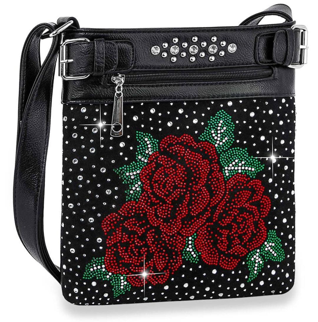 Rose Design Rhinestone Crossbody Sling